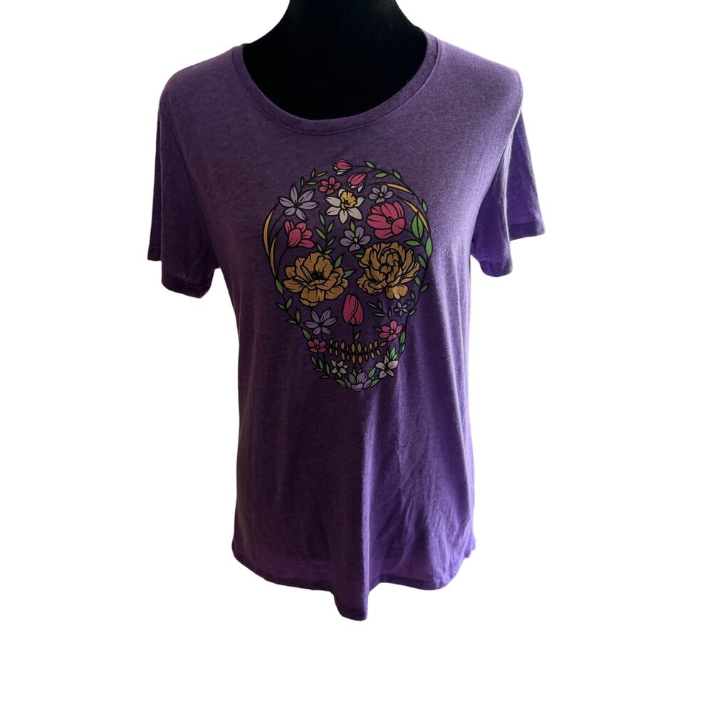 Way To Celebrate Halloween Floral Sugar Skull Shirt Womens Size S 4-6 Purple Tee